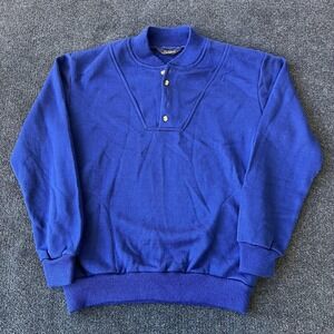 Stats Sweatshirt Mens Large Blue Mock Neck Henley Snap Button Pullover Kangaroo